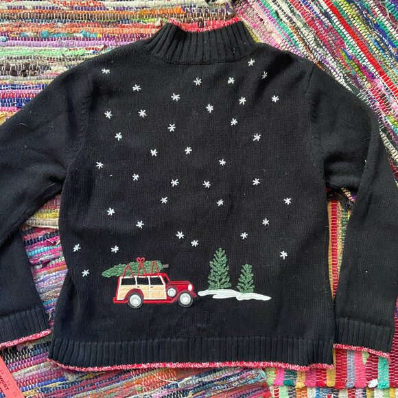 Coldwater Creek Women's Zip Up XL Christmas Sweater, Skiing, Trees, Woody Wagon, - Picture 9 of 11